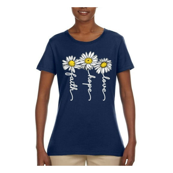 Wild Bobby, Faith Hope Love Daisy Flower Christian God Religious, Inspirational/Christian, Women Graphic Tee, Navy, X-Large
