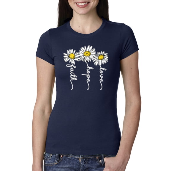 Wild Bobby, Faith Hope Love Daisy Flower Christian God Religious, Inspirational/Christian, Women Slim Fit Junior Tee, Navy, 2XL