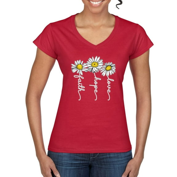 Wild Bobby, Faith Hope Love Daisy Flower Christian God Religious, Inspirational/Christian, Women Standard V-Neck Tee, Red, Small
