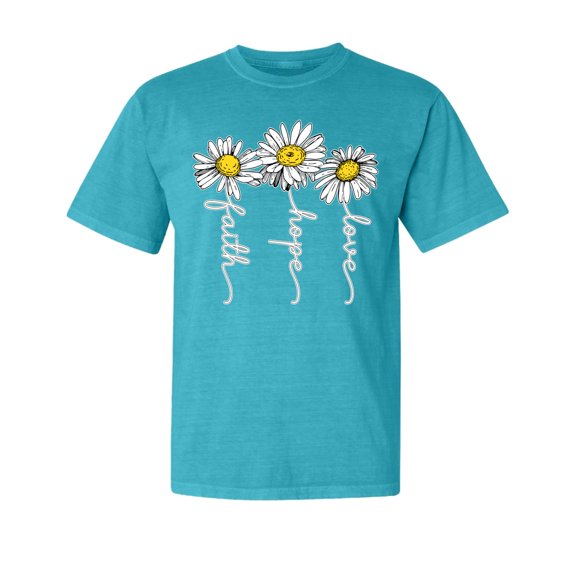 Wild Bobby,Faith Hope Love Daisy Flower Christian God, Streetwear, Garment-Dyed Washed Look Short Sleeve T-Shirt, Blue Lagoon, Small