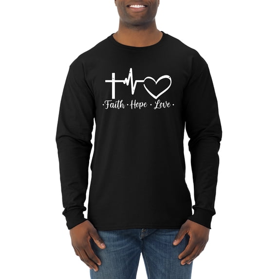 Wild Bobby, Faith.Hope.Love Heart Beat, Inspirational/Christian, Men Long Sleeve Shirt, Black, X-Large
