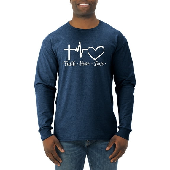 Wild Bobby, Faith.Hope.Love Heart Beat, Inspirational/Christian, Men Long Sleeve Shirt, Vintage Heather Navy, X-Large