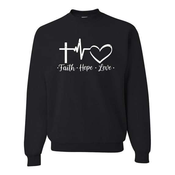 Wild Bobby, Faith.Hope.Love Heart Beat, Inspirational/Christian, Unisex Crewneck Graphic Sweatshirt, Black, Small