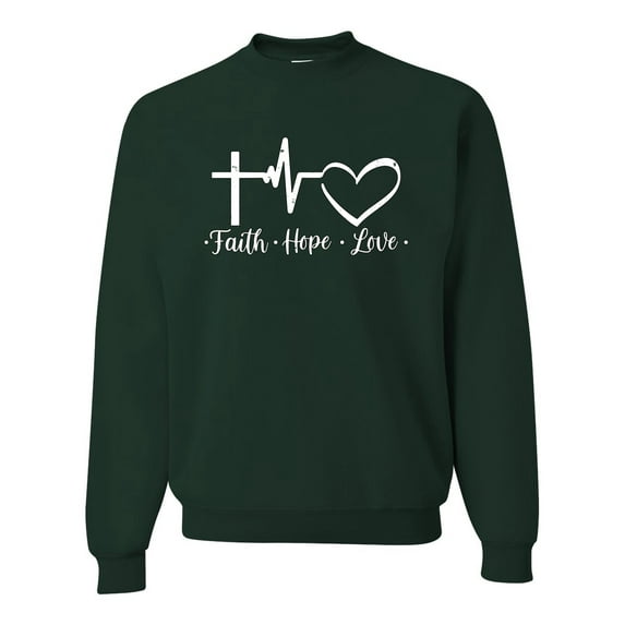 Wild Bobby, Faith.Hope.Love Heart Beat, Inspirational/Christian, Unisex Crewneck Graphic Sweatshirt, Forest Green, Medium