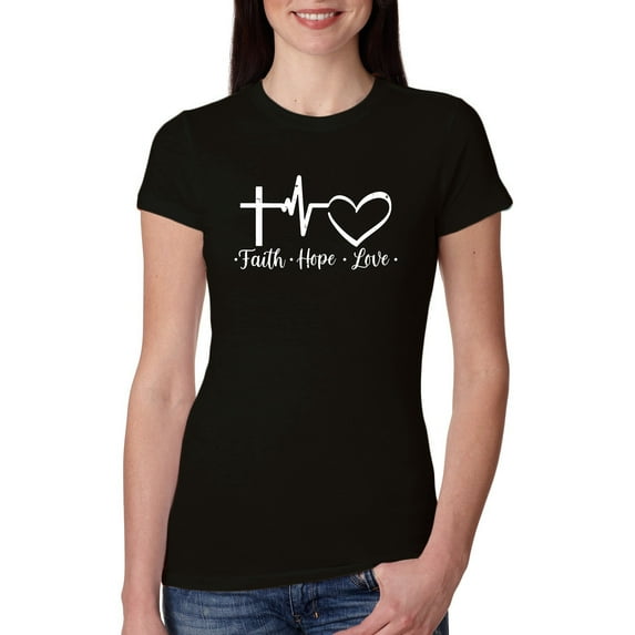 Wild Bobby, Faith.Hope.Love Heart Beat, Inspirational/Christian, Women Slim Fit Junior Tee, Black, Small