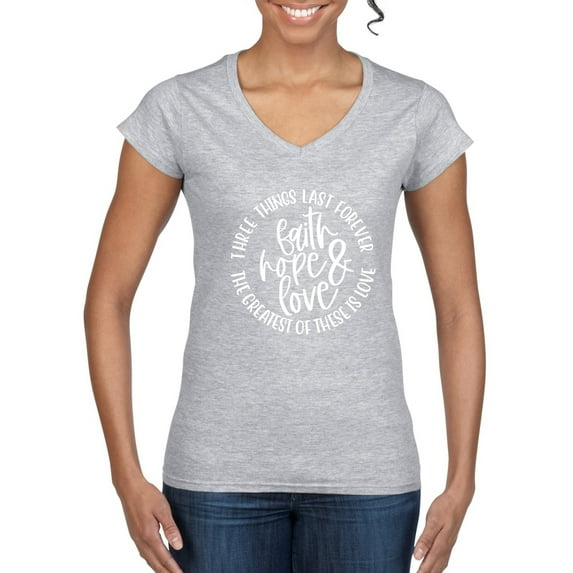 Wild Bobby Faith Hope & Love Three Things That Last Forever Inspirational/Christian Women Standard V-Neck Tee, Heather Grey, Large