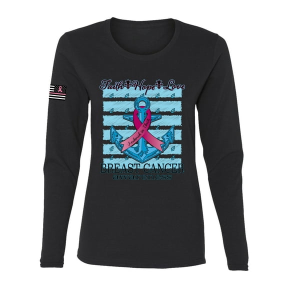Wild Bobby Faith Hope Love US Flag Breast Cancer Awareness Anchor US Flag Breast Cancer Awareness Women Graphic Long Sleeve Tee, Black, Large