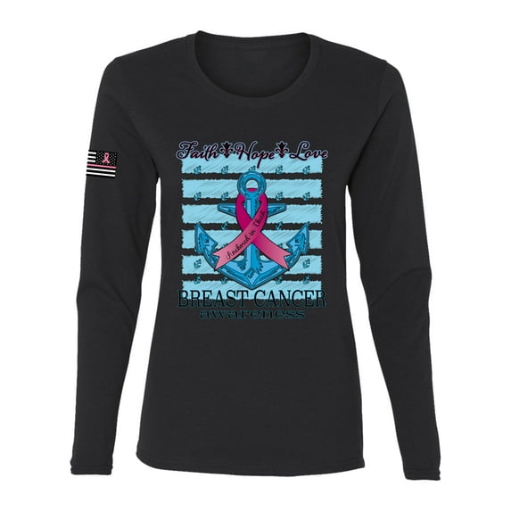 Wild Bobby Faith Hope Love US Flag Breast Cancer Awareness Anchor US Flag Breast Cancer Awareness Women Graphic Long Sleeve Tee, Black, Small