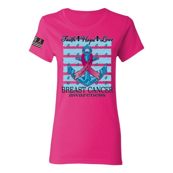 Wild Bobby Faith Hope Love US Flag Breast Cancer Awareness Anchor US Flag Breast Cancer Awareness Women Graphic Tee, Fuschia, Small