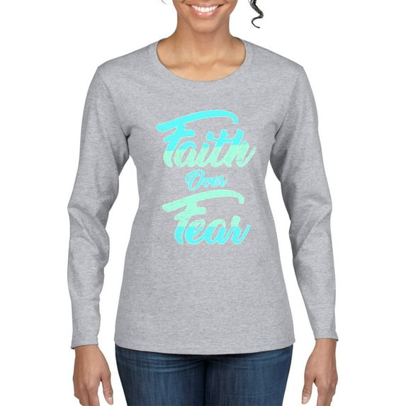 Wild Bobby, Faith Over Fear, Inspirational/Christian, Women Graphic Long Sleeve Tee, Heather Grey, XX-Large