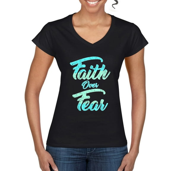 Wild Bobby, Faith Over Fear, Inspirational/Christian, Women Standard V-Neck Tee, Black, Small