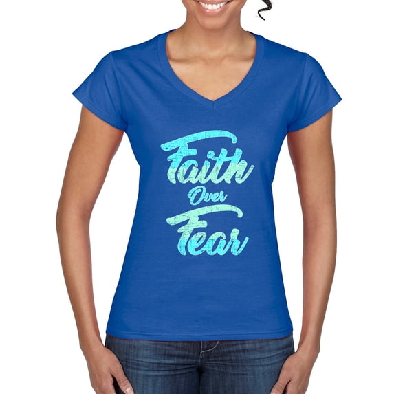 Wild Bobby, Faith Over Fear, Inspirational/Christian, Women Standard V-Neck Tee, Royal, Small