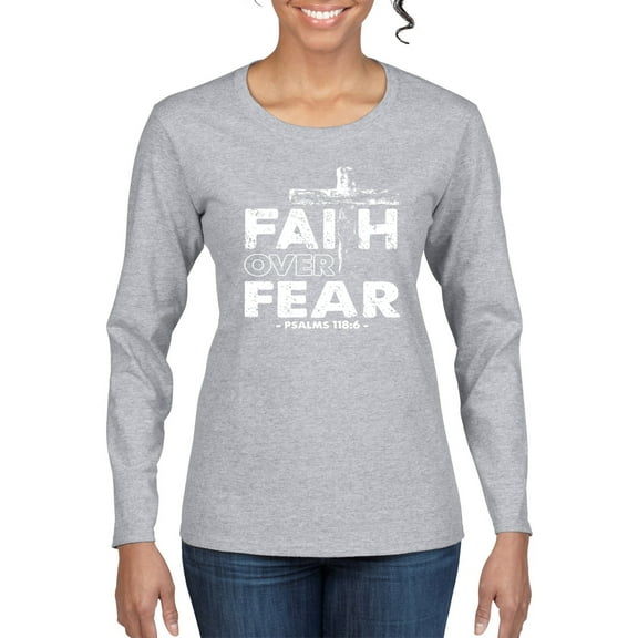 Wild Bobby, Faith Over Fear Psalm 118:6 White, Inspirational/Christian, Women Graphic Long Sleeve Tee, Heather Grey, Large