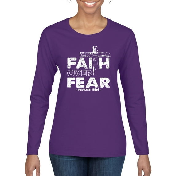Wild Bobby, Faith Over Fear Psalm 118:6 White, Inspirational/Christian, Women Graphic Long Sleeve Tee, Purple, Medium