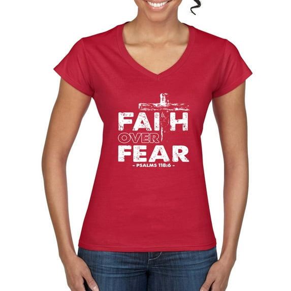 Wild Bobby, Faith Over Fear Psalm 118:6 White, Inspirational/Christian, Women Standard V-Neck Tee, Red, X-Large