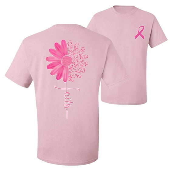 Wild Bobby, Faith Pink Ribbon Sunflower, Breast Cancer Awareness, Front and Back Men Graphic Tee, Light Pink, Small