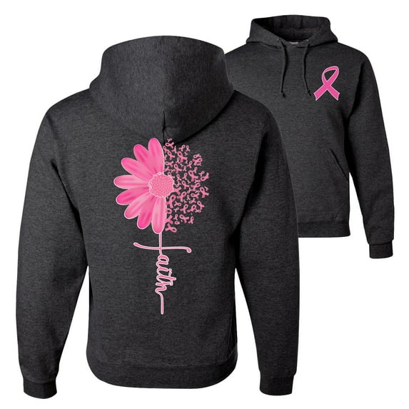Wild Bobby, Faith Pink Ribbon Sunflower, Breast Cancer Awareness, Front and Back Unisex Graphic Hoodie Sweatshirt, Heather Black, Small