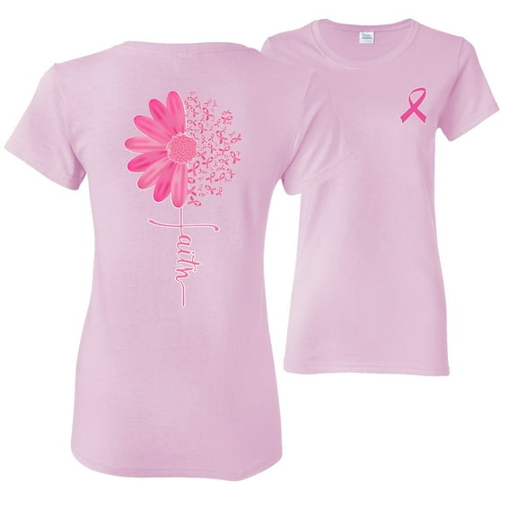 Wild Bobby, Faith Pink Ribbon Sunflower, Breast Cancer Awareness, Front and Back Women Graphic Tee, Light Pink, Large