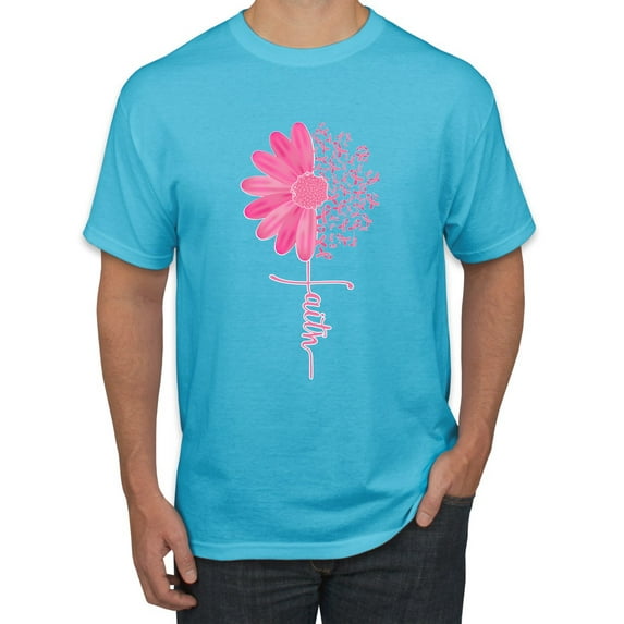 Wild Bobby, Faith Pink Ribbon Sunflower, Breast Cancer Awareness, Men Graphic Tee, Light Turquoise, 5X-Large