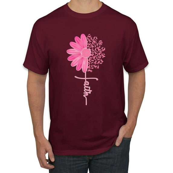 Wild Bobby, Faith Pink Ribbon Sunflower, Breast Cancer Awareness, Men Graphic Tee, Maroon, Large