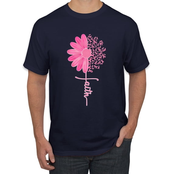 Wild Bobby, Faith Pink Ribbon Sunflower, Breast Cancer Awareness, Men Graphic Tee, Navy, 4X-Large