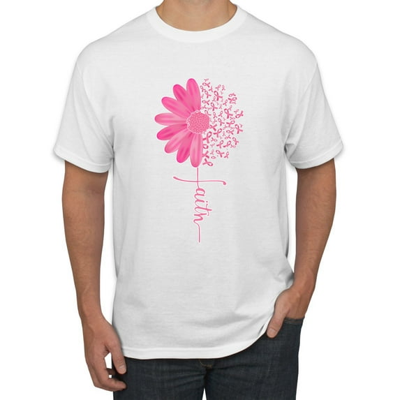 Wild Bobby, Faith Pink Ribbon Sunflower, Breast Cancer Awareness, Men Graphic Tee, White, 4X-Large