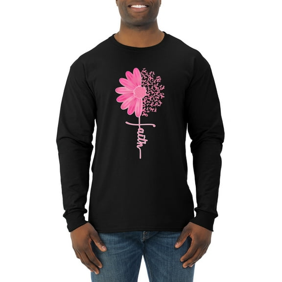 Wild Bobby, Faith Pink Ribbon Sunflower, Breast Cancer Awareness, Men Long Sleeve Shirt, Black, XX-Large