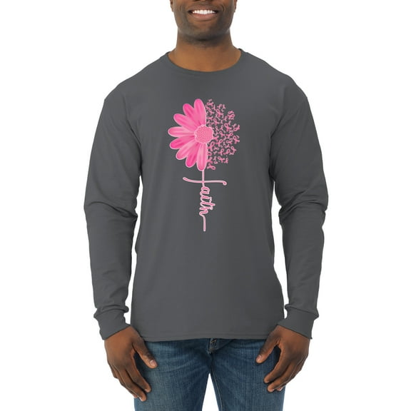 Wild Bobby, Faith Pink Ribbon Sunflower, Breast Cancer Awareness, Men Long Sleeve Shirt, Charcoal, Large