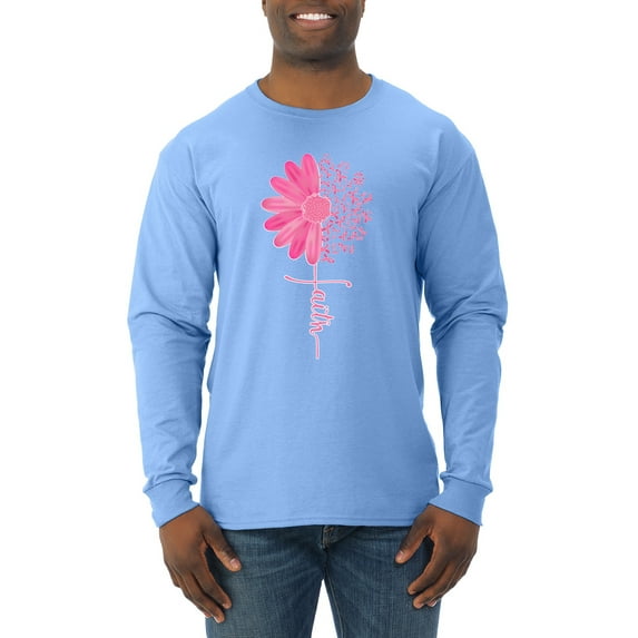 Wild Bobby, Faith Pink Ribbon Sunflower, Breast Cancer Awareness, Men Long Sleeve Shirt, Light Blue, X-Large