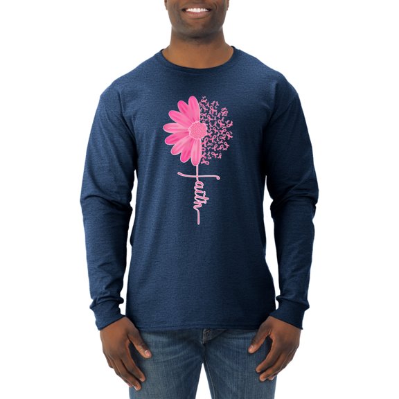 Wild Bobby, Faith Pink Ribbon Sunflower, Breast Cancer Awareness, Men Long Sleeve Shirt, Vintage Heather Navy, Medium