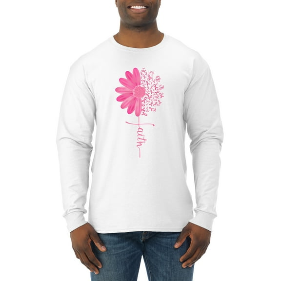 Wild Bobby, Faith Pink Ribbon Sunflower, Breast Cancer Awareness, Men Long Sleeve Shirt, White, Small