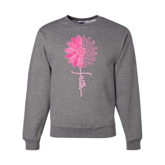 Wild Bobby, Faith Pink Ribbon Sunflower, Breast Cancer Awareness, Unisex Crewneck Graphic Sweatshirt, Heather Grey, Small