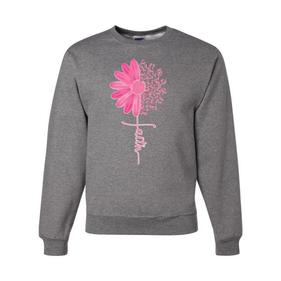 Wild Bobby, Faith Pink Ribbon Sunflower, Breast Cancer Awareness, Unisex Crewneck Graphic Sweatshirt, Heather Grey, X-Large