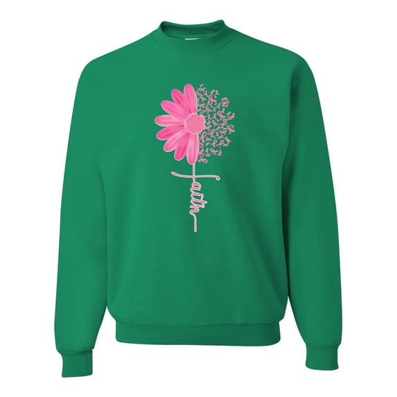 Wild Bobby, Faith Pink Ribbon Sunflower, Breast Cancer Awareness, Unisex Crewneck Graphic Sweatshirt, Kelly, 3X-Large