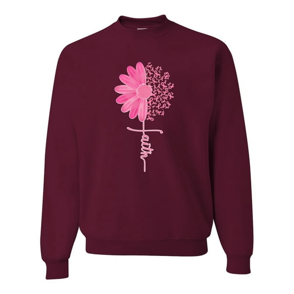 Wild Bobby, Faith Pink Ribbon Sunflower, Breast Cancer Awareness, Unisex Crewneck Graphic Sweatshirt, Maroon, 3X-Large