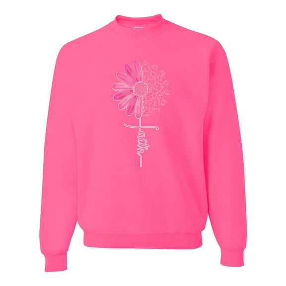 Wild Bobby, Faith Pink Ribbon Sunflower, Breast Cancer Awareness, Unisex Crewneck Graphic Sweatshirt, Neon Pink, Medium