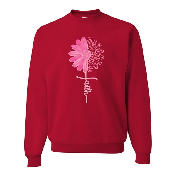 Wild Bobby, Faith Pink Ribbon Sunflower, Breast Cancer Awareness, Unisex Crewneck Graphic Sweatshirt, Red, 5X-Large