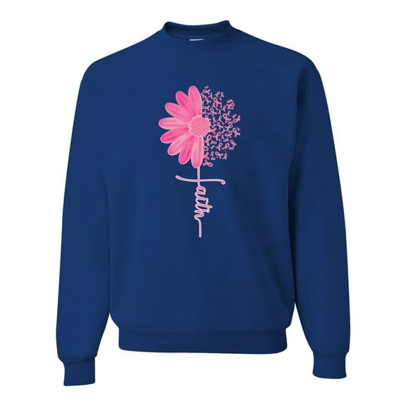 Wild Bobby, Faith Pink Ribbon Sunflower, Breast Cancer Awareness, Unisex Crewneck Graphic Sweatshirt, Royal, X-Large