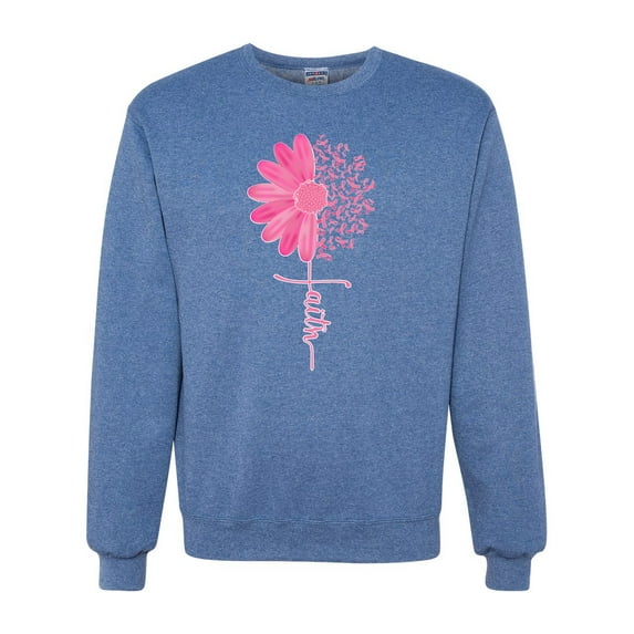 Wild Bobby, Faith Pink Ribbon Sunflower, Breast Cancer Awareness, Unisex Crewneck Graphic Sweatshirt, Vintage Heather Blue, Small