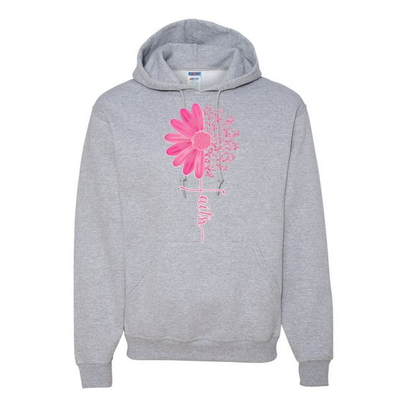 Wild Bobby, Faith Pink Ribbon Sunflower, Breast Cancer Awareness, Unisex Graphic Hoodie Sweatshirt, Heather Grey, Large