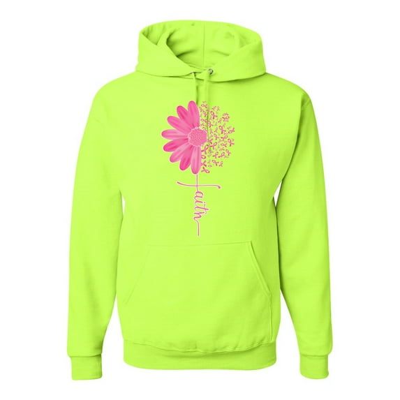 Wild Bobby, Faith Pink Ribbon Sunflower, Breast Cancer Awareness, Unisex Graphic Hoodie Sweatshirt, Safety Green, 3X-Large