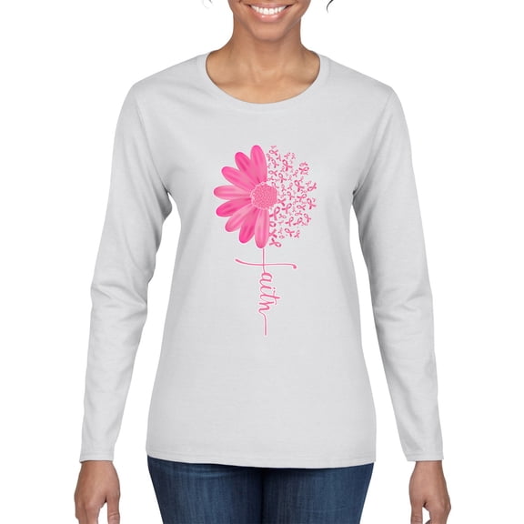Wild Bobby Faith Pink Ribbon Sunflower Breast Cancer Awareness Women Graphic Long Sleeve T-Shirt, White, Small