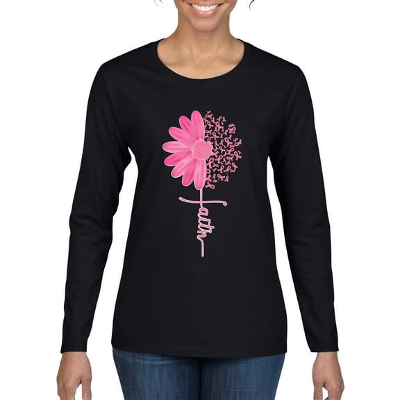 Wild Bobby, Faith Pink Ribbon Sunflower, Breast Cancer Awareness, Women Graphic Long Sleeve Tee, Black, Small