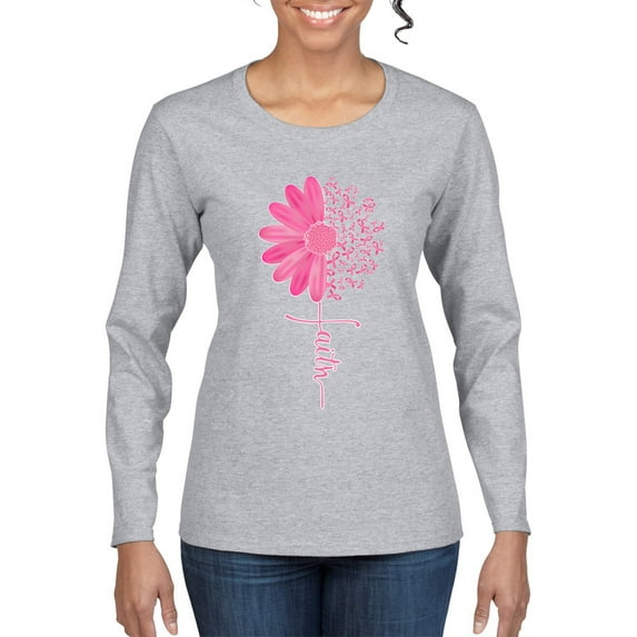 Wild Bobby, Faith Pink Ribbon Sunflower, Breast Cancer Awareness, Women Graphic Long Sleeve Tee, Heather Grey, Small