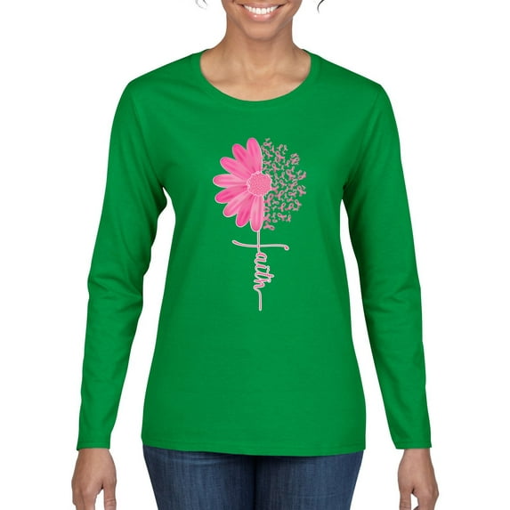 Wild Bobby, Faith Pink Ribbon Sunflower, Breast Cancer Awareness, Women Graphic Long Sleeve Tee, Kelly, Large