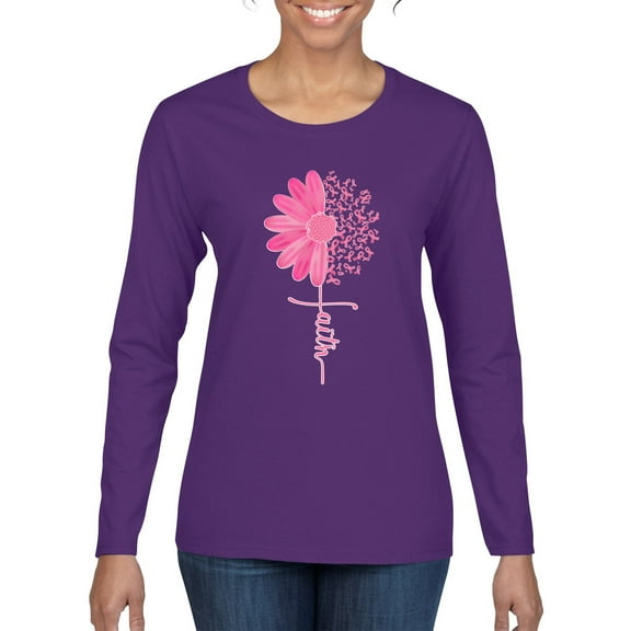 Wild Bobby, Faith Pink Ribbon Sunflower, Breast Cancer Awareness, Women Graphic Long Sleeve Tee, Purple, Large