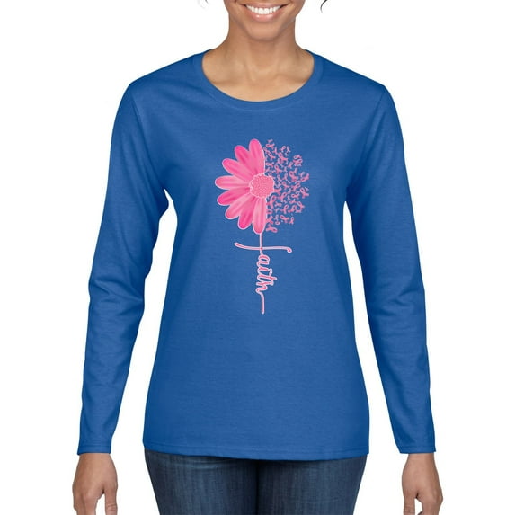 Wild Bobby, Faith Pink Ribbon Sunflower, Breast Cancer Awareness, Women Graphic Long Sleeve Tee, Royal, X-Large