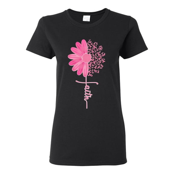 Wild Bobby, Faith Pink Ribbon Sunflower, Breast Cancer Awareness, Women Graphic Tee, Black, Small