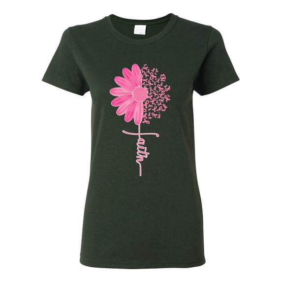 Wild Bobby, Faith Pink Ribbon Sunflower, Breast Cancer Awareness, Women Graphic Tee, Forest Green, Large