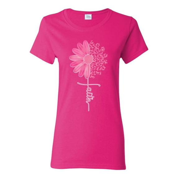 Wild Bobby, Faith Pink Ribbon Sunflower, Breast Cancer Awareness, Women Graphic Tee, Fuschia, 3X-Large